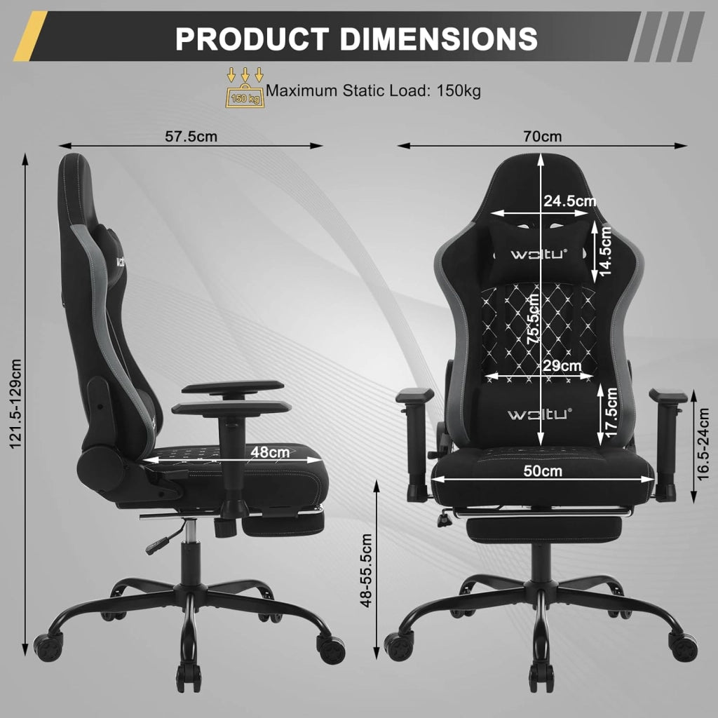 Sedia Gaming con Massaggiatore, Poltrona Ufficio Ergonomica, Sedia da Scrivania reclinabile, Poggiatesta,Supporto Lombare, 150 kg, Tessuto tecnologico, Nero+Grigio