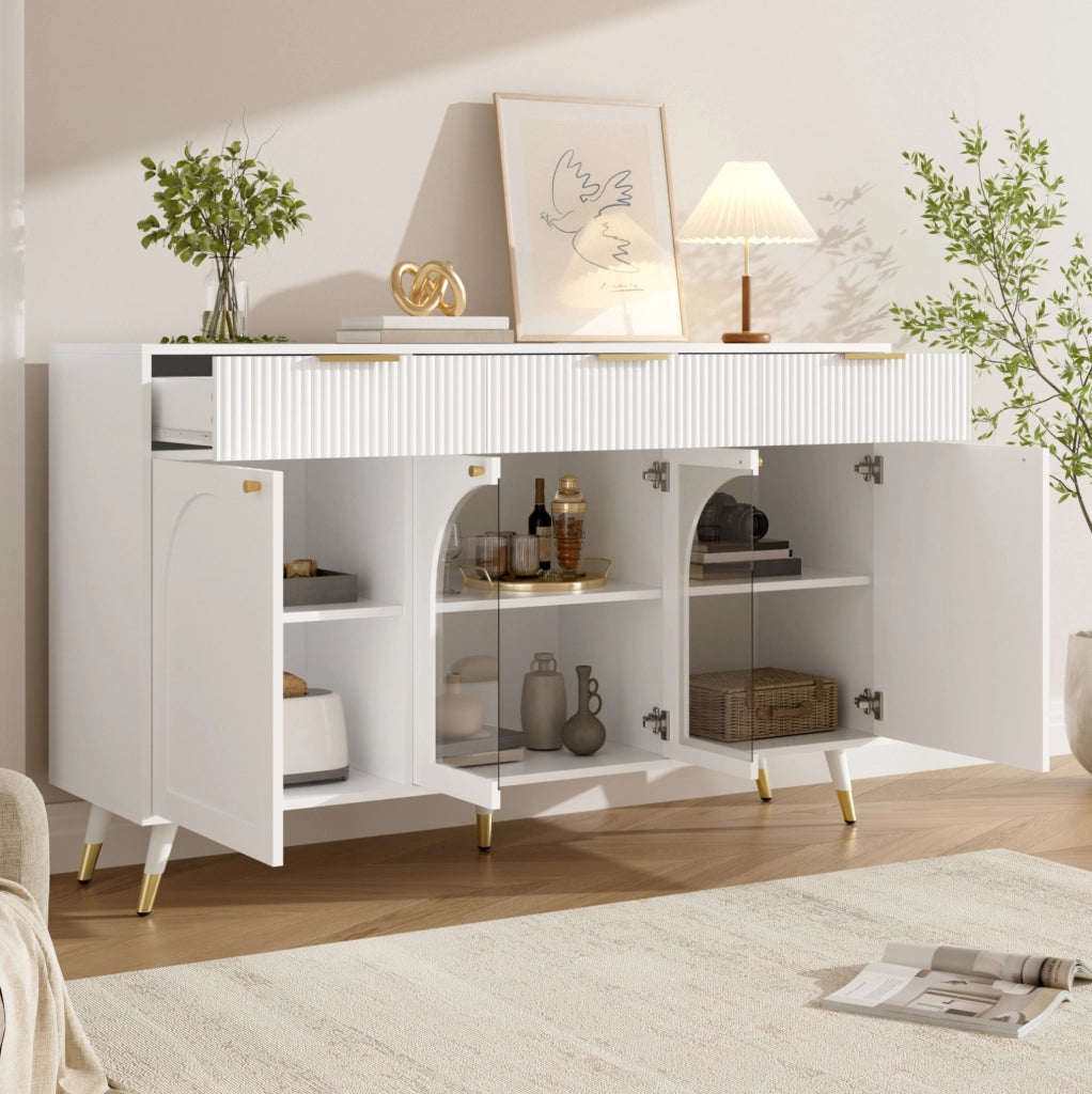 Credenza 4 ante e 3 cassetti con inserti in acrilico; bianca; 140x40x85;5 cm