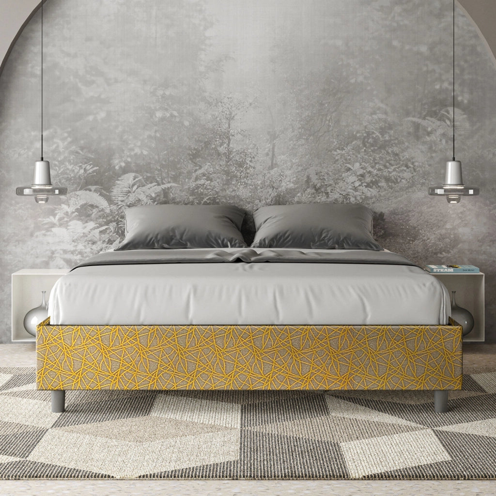 Letto Matrimoniale 160x190 cm con Rete e Contenitore Giroletto con Alzata Comoda Imbottito in Tessuto Era Azelia Giallo