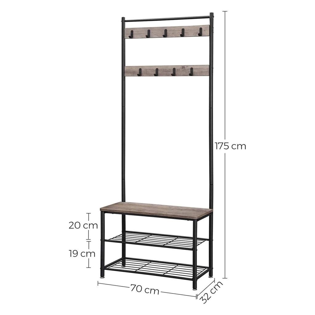 Appendiabiti guardaroba guardaroba ingresso con panca e ripiani porta scarpe ganci struttura in metallo altezza 175 cm stile industriale greige e nero 12_0002353