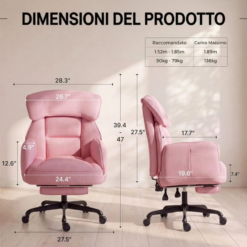 Sedia da ufficio ergonomica - Con corrimano e poggiapiedi - Con braccioli regolabili - Schienale regolabile - Rosa
