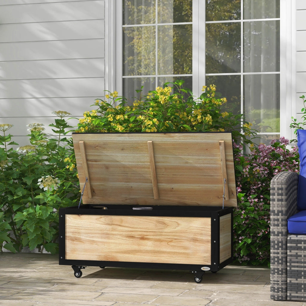Panca Contenitore da 121L con 4 Rotelle e Maniglie in Legno e Acciaio, 100x50x43cm, Colore Legno