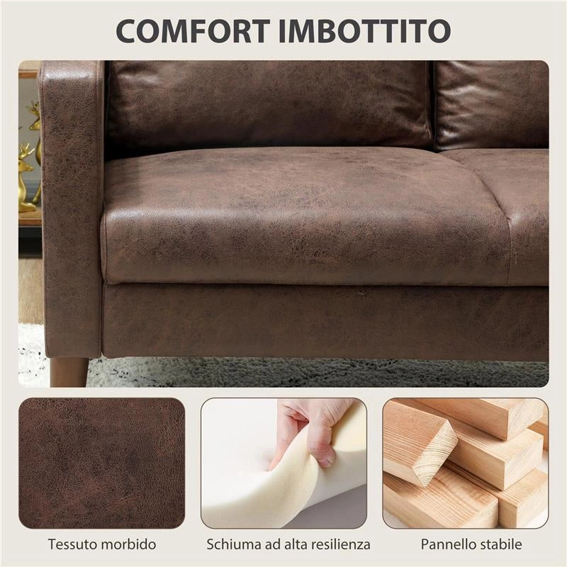 DIVANO 2 POSTI MODERNO CON RIVESTIMENTO IN TESSUTO EFFETTO PELLE TRASPIRANTE E GAMBE IN LEGNO, 130X78X85 CM, MARRONE SCURO