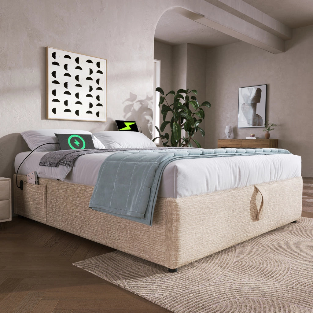 Letto Contenitore Matrimoniale 160x200 cm; USB e Type-C; in Lino Beige Naturale