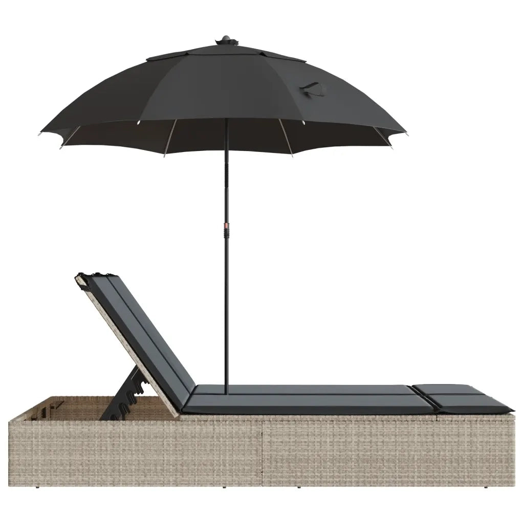 Lettino Prendisole | Sdraio da giardino | Lettino da sole Cuscini e Parasole Grigio Chiaro Polyrattan