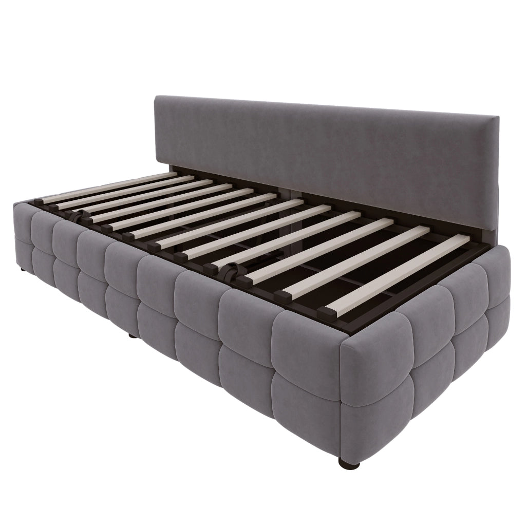 Letto singolo imbottito 90x200 cm con contenitore idraulico e rete a doghe; grigio