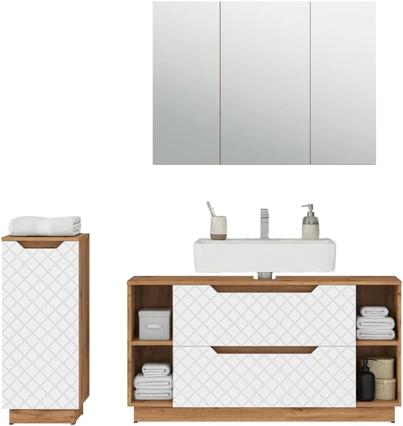 Set di mobili da bagno Lotta, Rovere/bianco con struttura in piastrelle, 3 parti