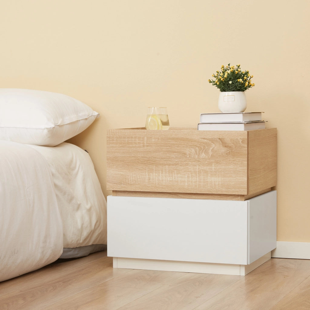 Comodino con 2 Cassetti ¨C Zephmum ¨C Bianco e Legno 50x40x47.5cm