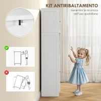 Credenza Cucina con 2 Armadietti e 3 Vani Aperti, Ante a Vetro e Ripiani Regolabili, 60x30x145.5 cm, Bianco