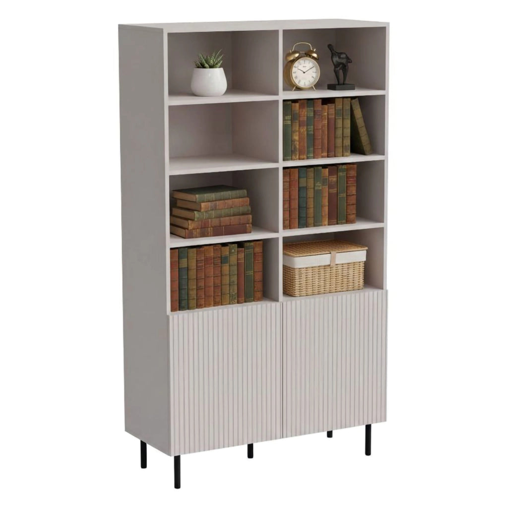 Libreria Ghilarza, Mobile portalibri con vani aperti e due ante, Rialzato da terra, 100x42 h177 cm, Beige