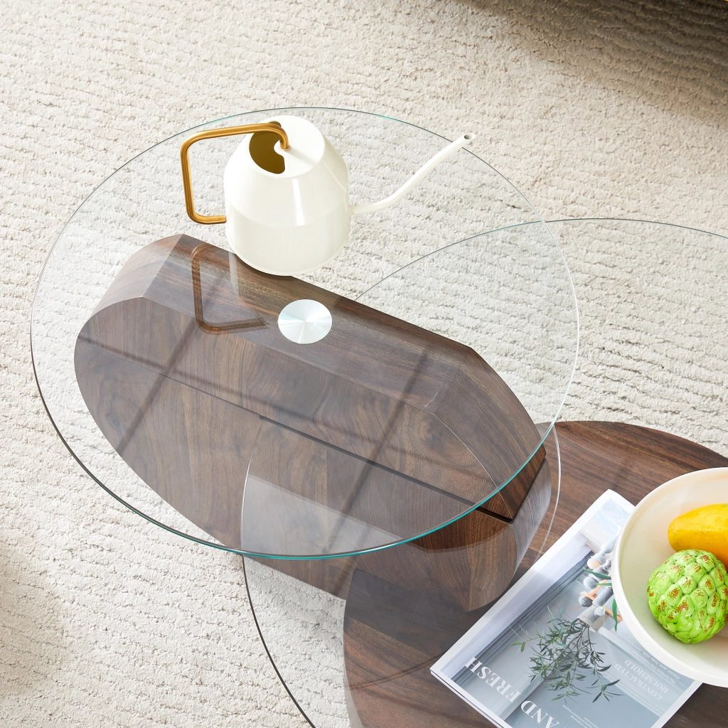 Tavolino da caffè a doppio ripiano con piano in vetro - per soggiorno - in MDF e vetro - 78.5×78.5×24.5 cm - trasparente e noce