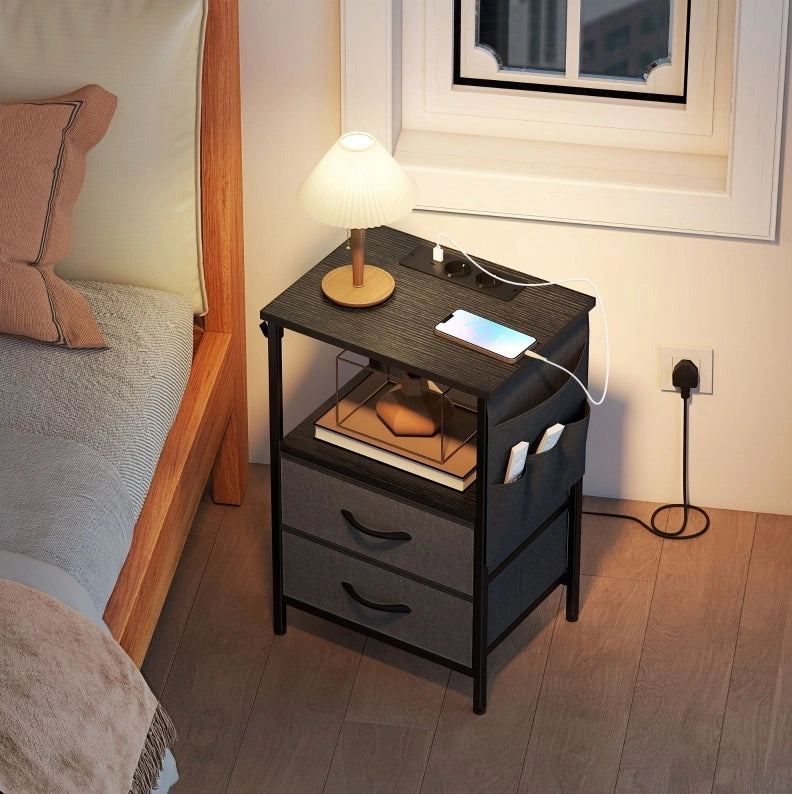 Tavolino da divano stretto con 2 prese AC; USB-A e USB-C; 2 cassetti; nero 40 x 30 x 60 cm