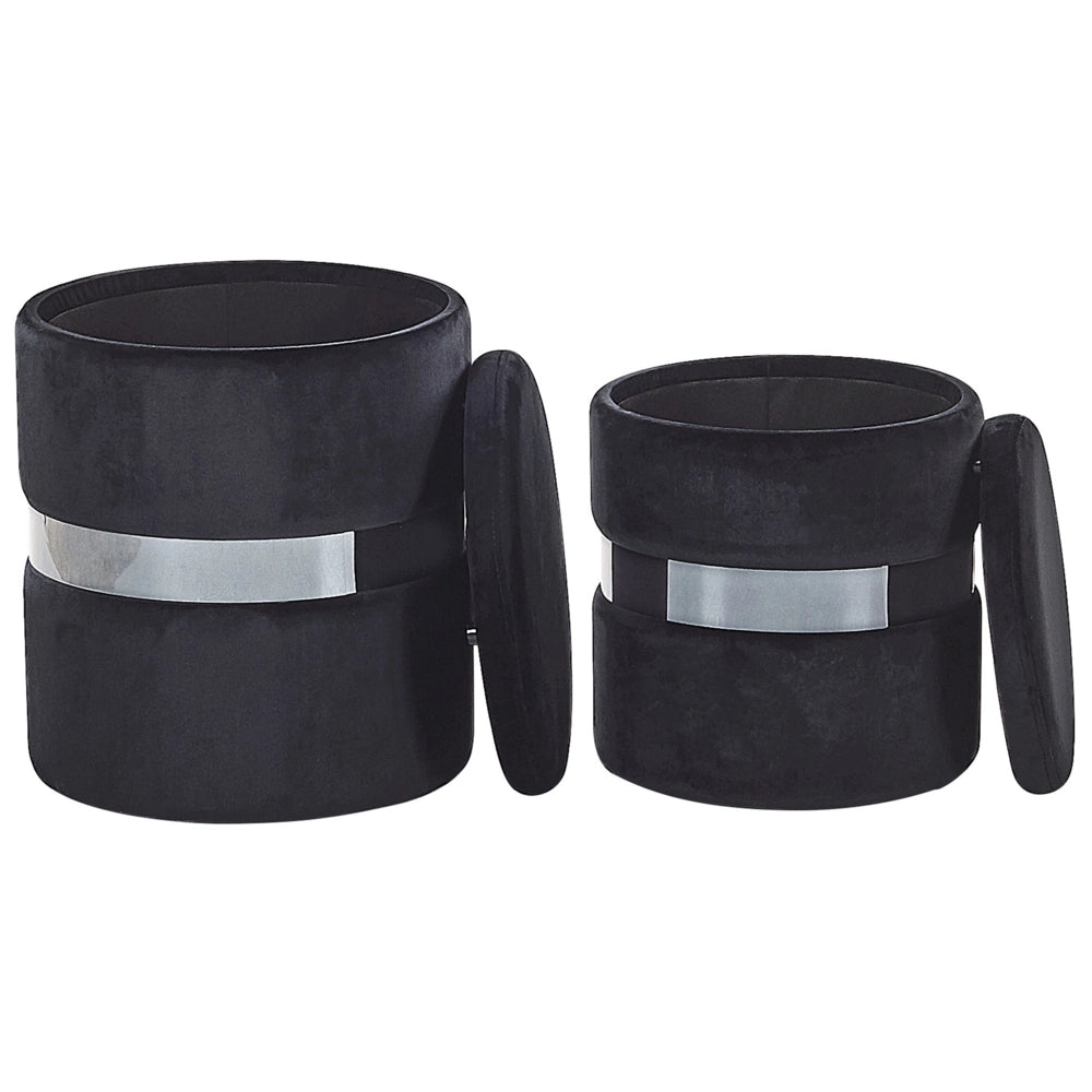 Set di 2 pouf contenitivi Poggiapiedi con rivestimento in velluto di poliestere Nero Stile Glam