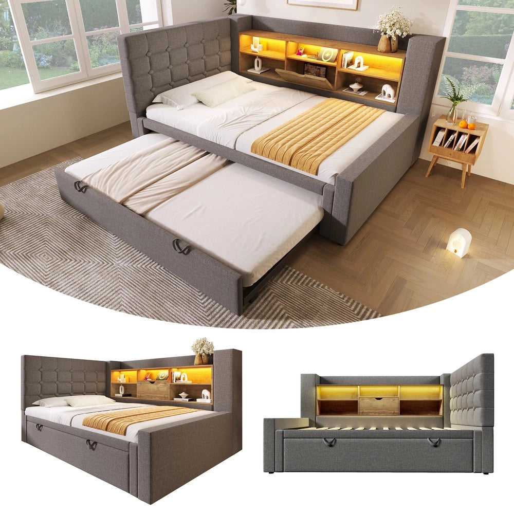 Letto Imbottito con Letto Estraibile e LED ¨C MINIMAL ¨C Grigio, Tessuto Lino, 90x200 cm