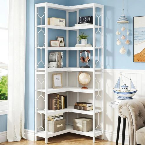 Libreria angolare autoportante in legno ingegnerizzato e metallo, design esagonale, colore bianco