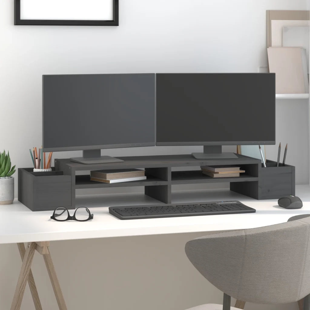 Supporto per Monitor Grigio100x27,5x15cm Legno Massello di Pino 813971