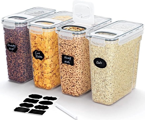 Set di 4 contenitori di stoccaggio per cereali con coperchio a cardini, 4 L set di contenitori a chiusura ermetica con etichette adesive per l'organizzazione del piano di lavoro per cereali, farina, zucchero, BPA-free