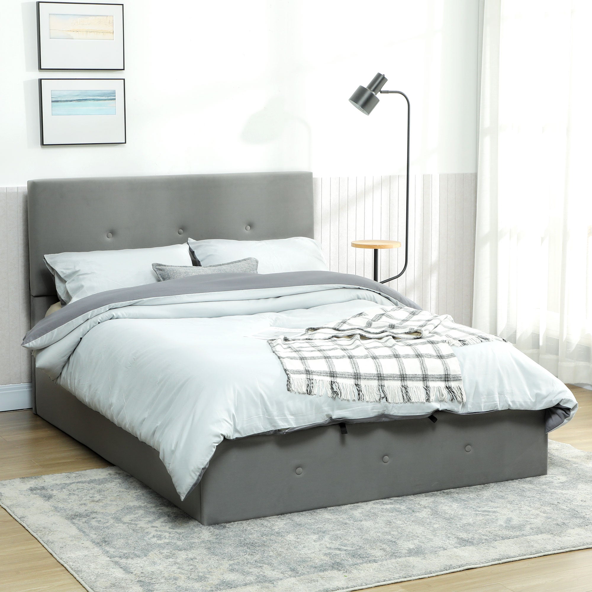 Letto a 1 Piazza e Mezza Contenitore 195x141x106 cm con Spazio a Scomparsa e Testiera Vellutata a Trapunta in Legno e
