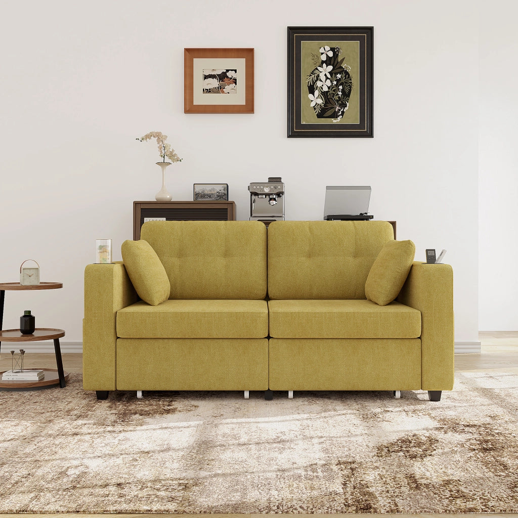 Divano dritto 2 posti con due cassetti contenitore; porte USB; portabicchieri e tasche laterali; in chenille; giallo senape; 172 Ã— 75 Ã— 82 cm