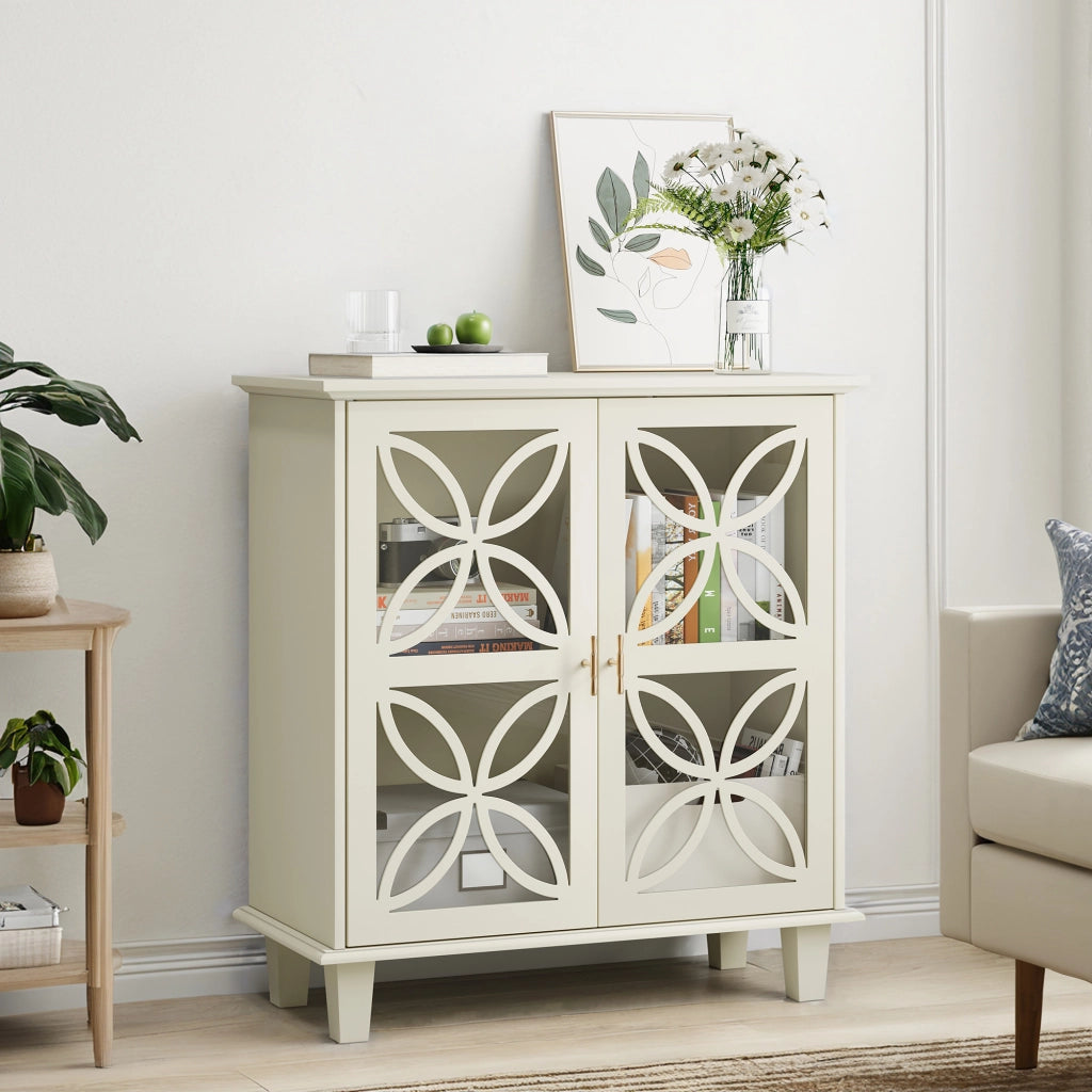 Credenza con 2 ante in vetro e ripiani regolabili; per cucina; in MDF; crema; 94×47.3×16.0 cm