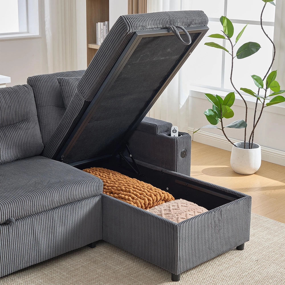 Divano moderno in velluto per 4 persone - Xylo - Con chaise longue, spazio di archiviazione, porta bevande, porte USB e funzione letto