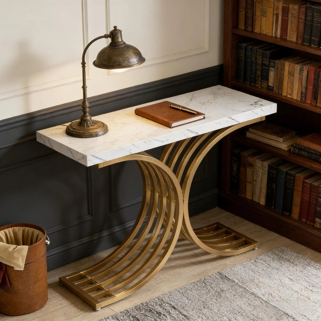 Consolle con piano effetto marmo e struttura in metallo dorato per ingresso e soggiorno bianco e oro 100 × 30 × 80 cm