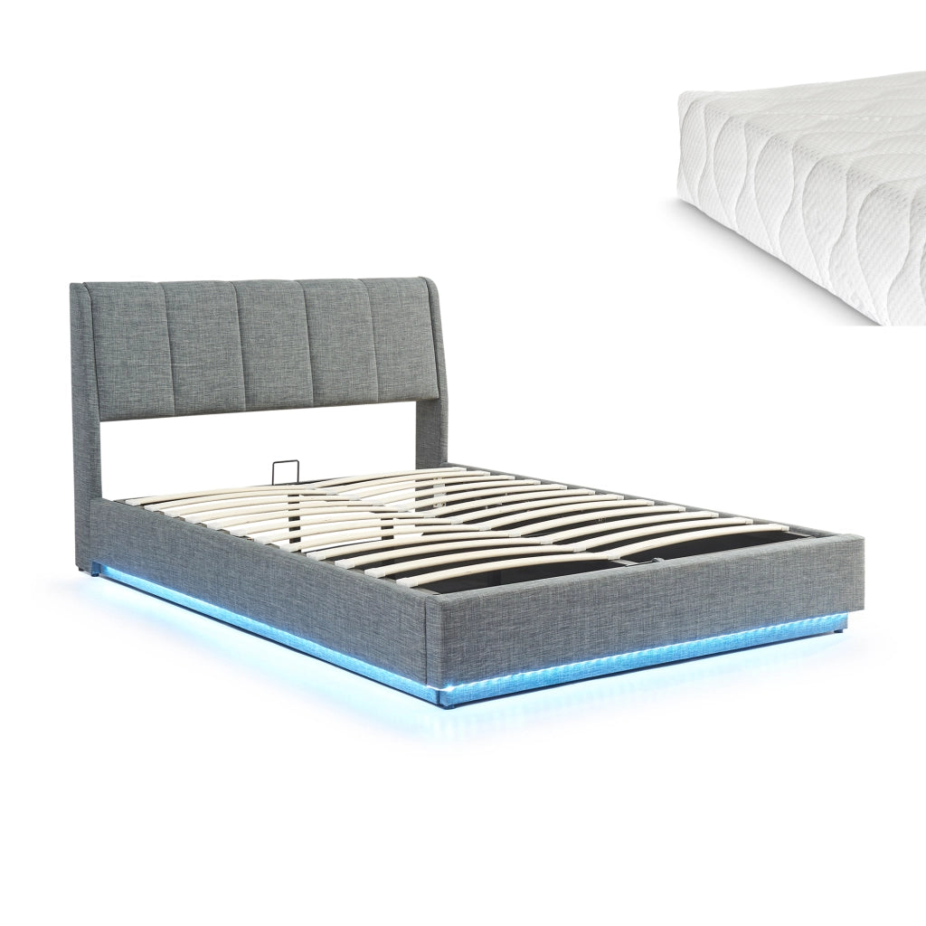 Letto Contenitore Tröstiar con Luce LED Letto Francese con Materasso 140x200 cm Antracite [en.casa]