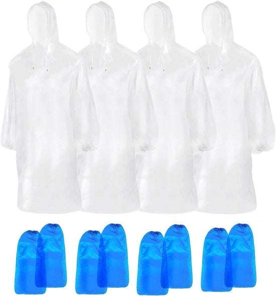 4 poncho trasparenti con cappuccio e 4 pair di stivali impermeabili - Protezione da pioggia per concerti, escursioni, bicicletta, campeggio all'aperto (unisex)