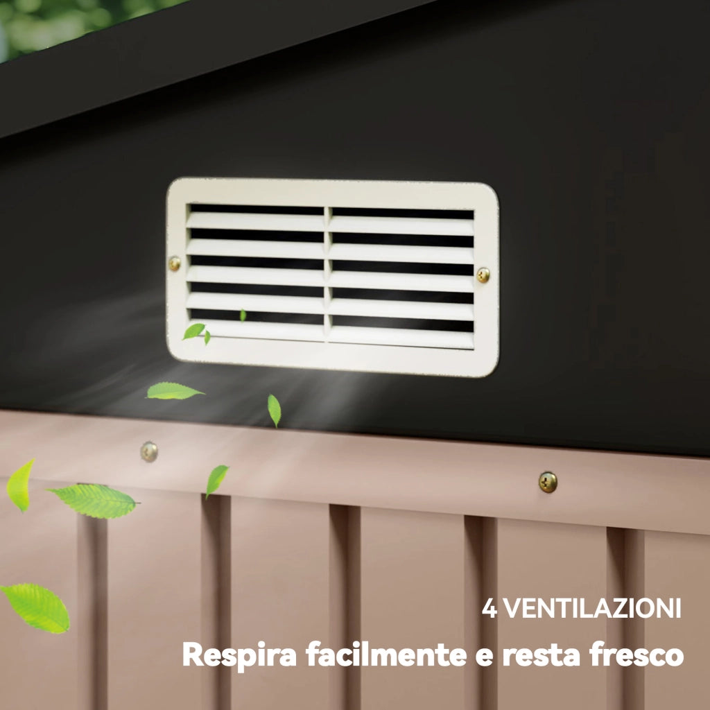 Capanno da Giardino in Metallo 364 x 238 cm con 4 Prese d'Aria e Porte Doppie con Serratura, Marrone