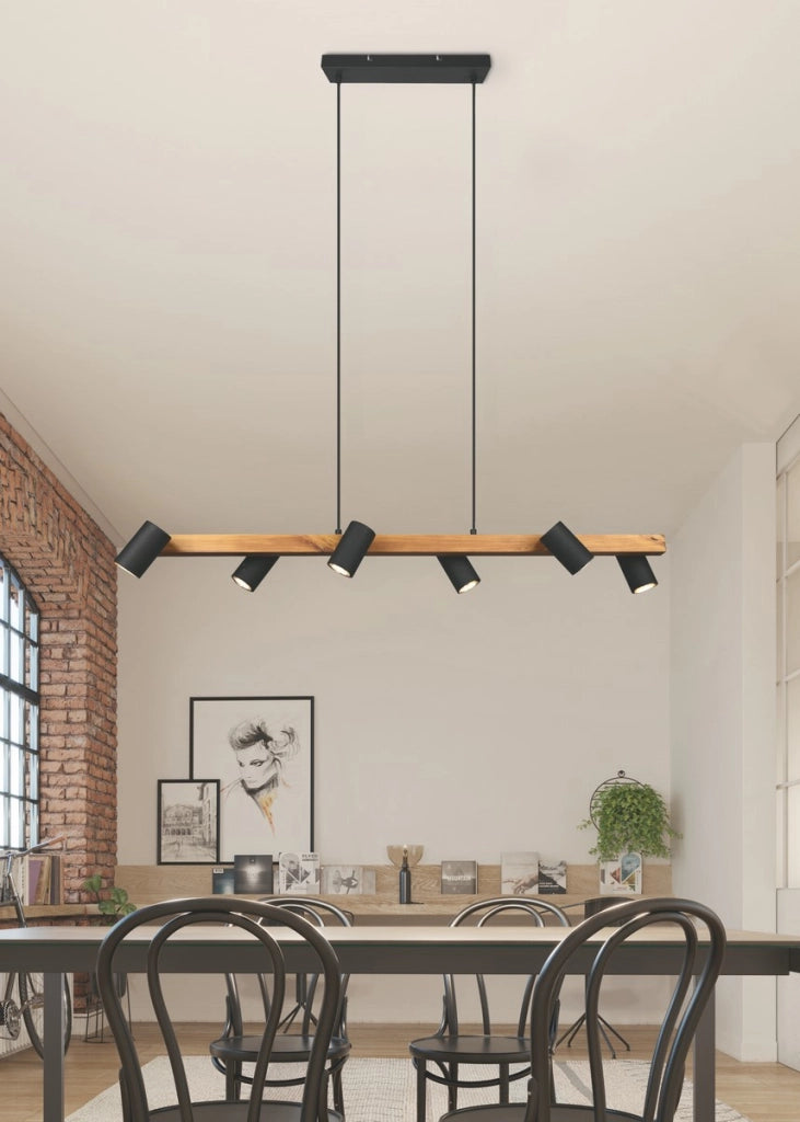 Lampadario Trio MARLEY nero/legno 6xGU10 Ø115 h150