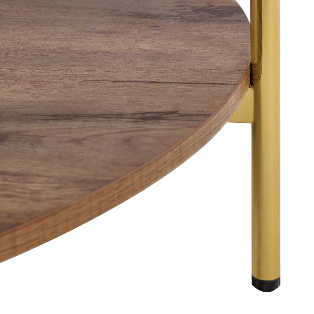 Tavolino moderno piano in vetro temperato con 1 ripiano legno scuro e oro stile moderno