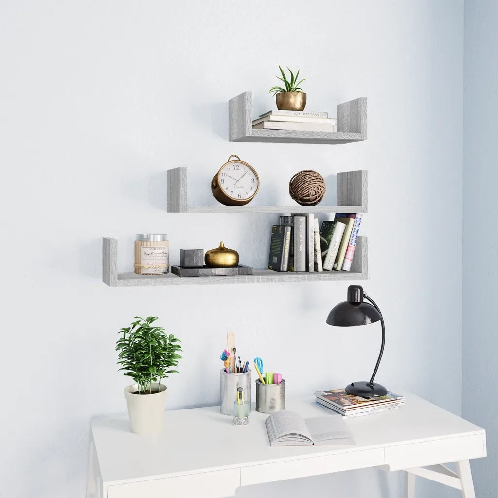 Mensole Espositive a Parete 3pz Grigio Sonoma Legno Multistrato 815262