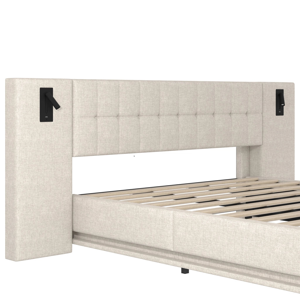 Letto imbottito 180x200 cm con LED; testiera con spot e USB; in lino beige