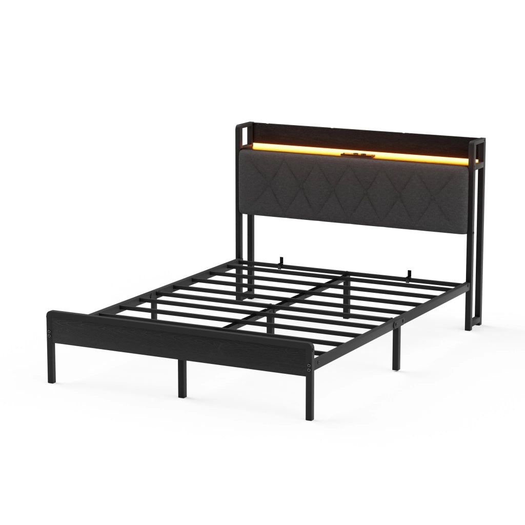Letto imbottito 140x190 grigio scuro con 2 prese 2 USB testiera e vano contenitore