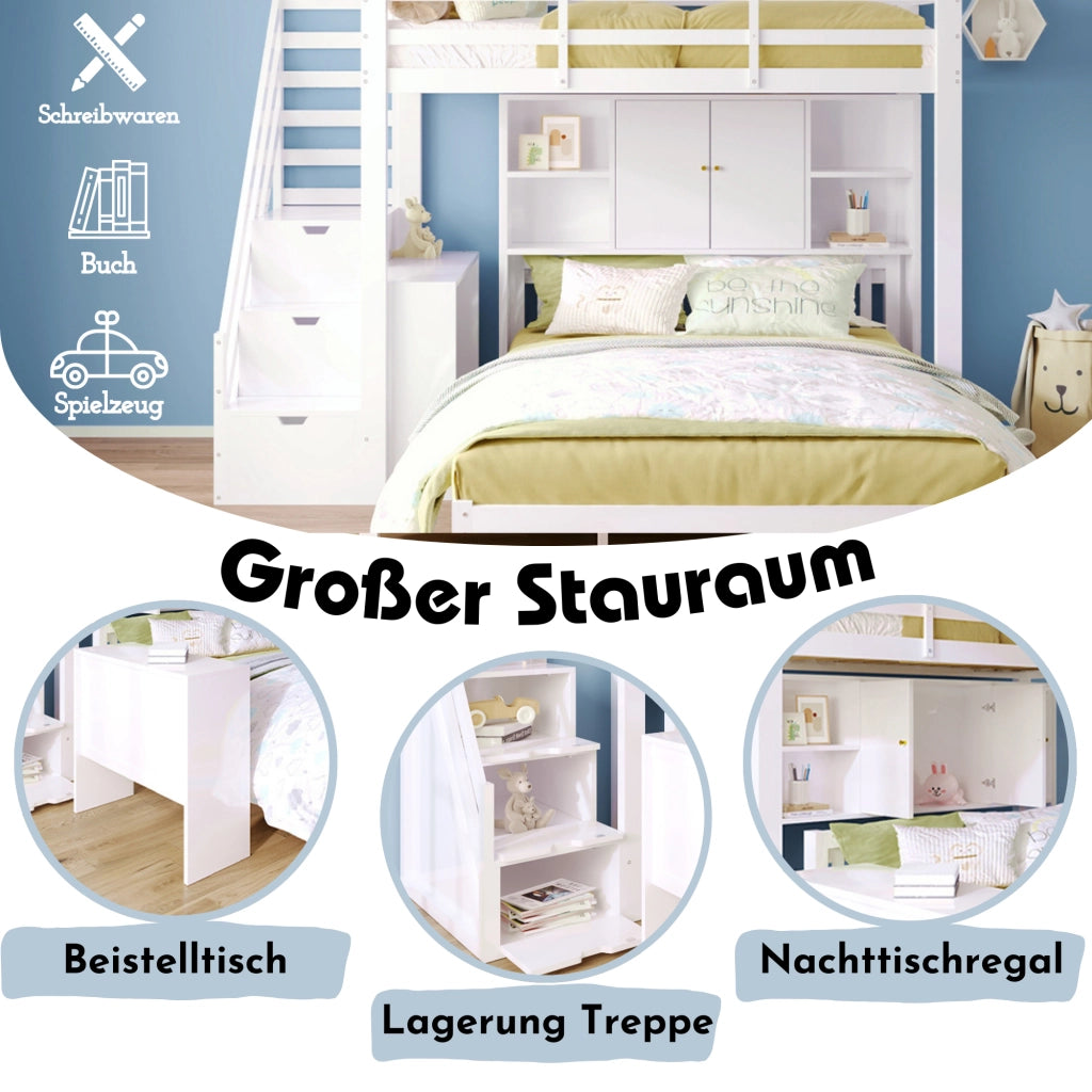 Letto a castello con scaffali 90x200 cm 140x200 cm legno massello MDF
