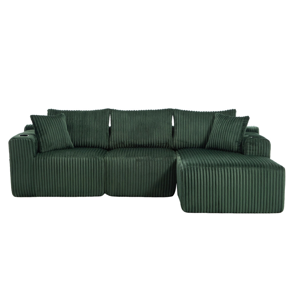 Divano modulare con chaise longue e 2 posti; in corduroy verde smeraldo; 257×160×62 cm