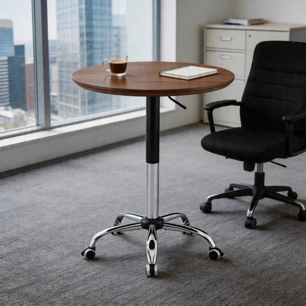 TAVOLO ROTONDO REGOLABILE 70 cm Noce MDF e Metallo con ruote