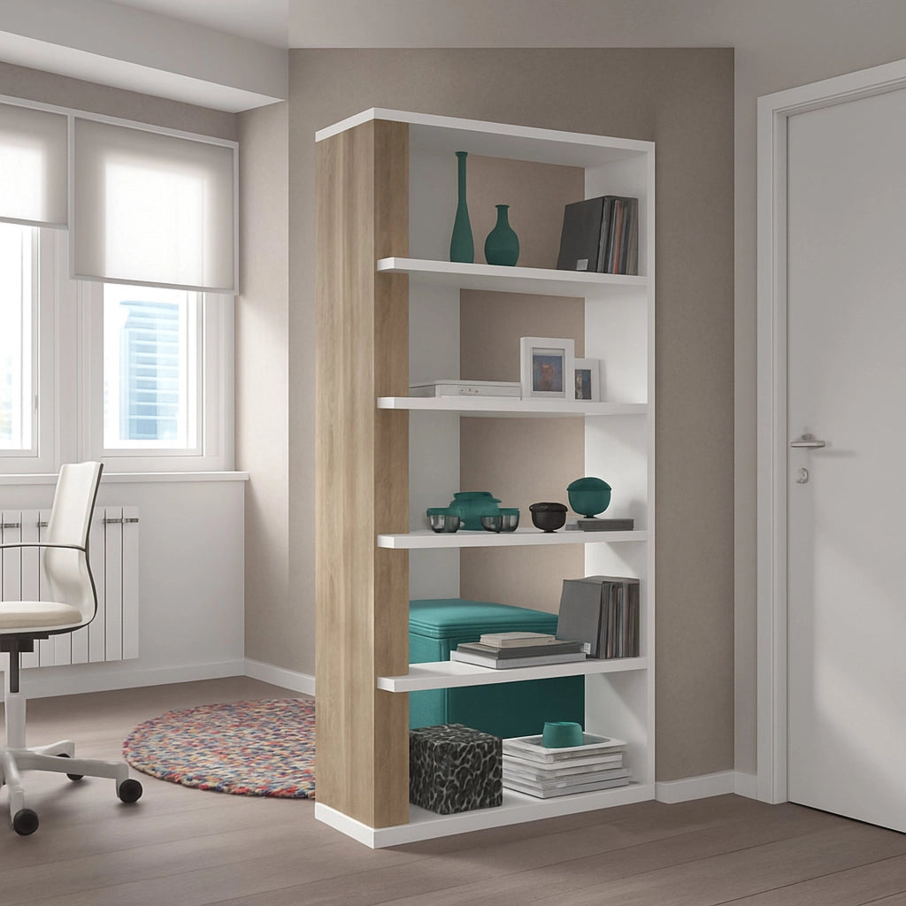 Libreria Eolo, Mobile portalibri bifacciale a 5 ripiani, Scaffale divisorio da ufficio o cameretta, cm 90x25h180, Bianco e Rovere
