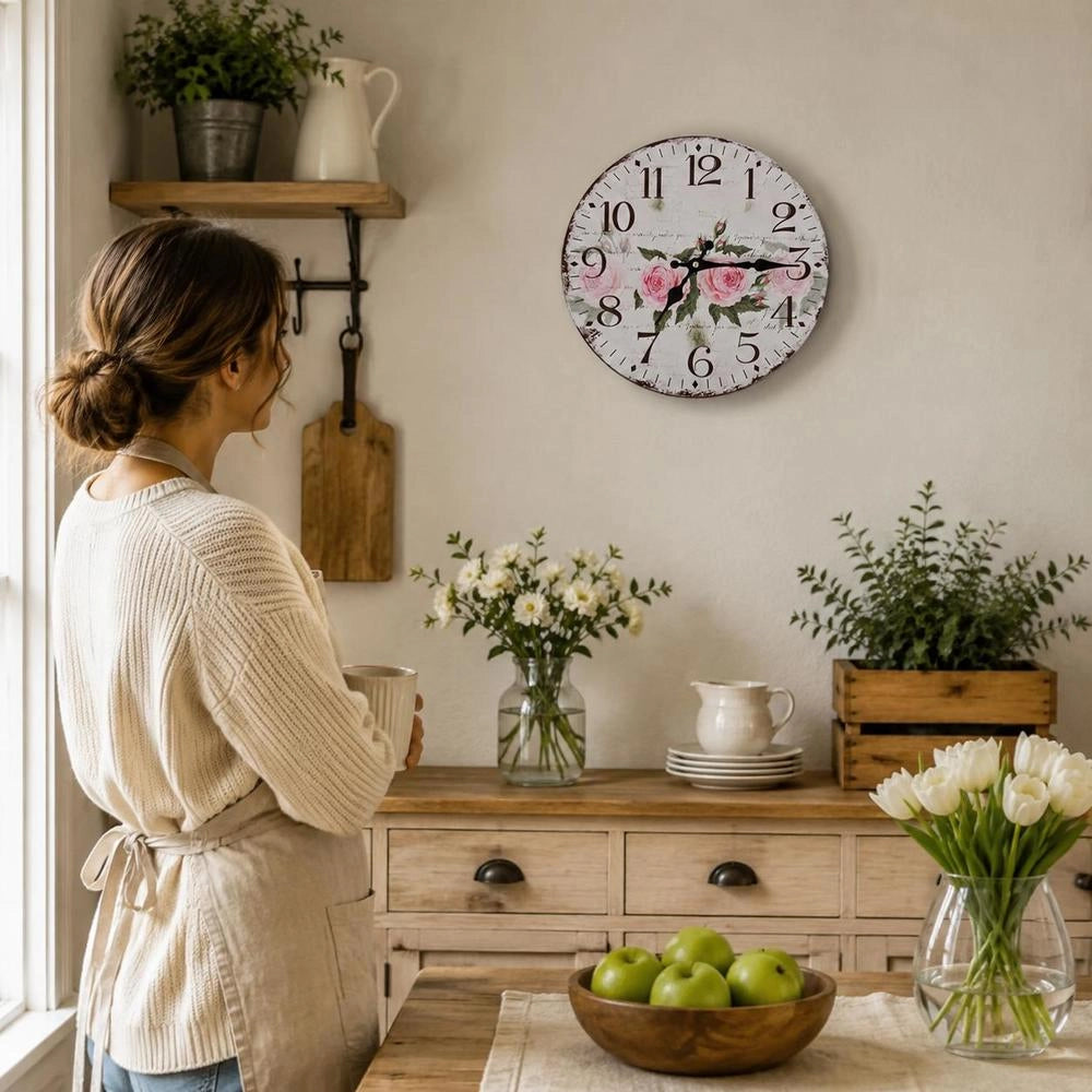 Vintage Wall Clock With Flowers, 30 Cm