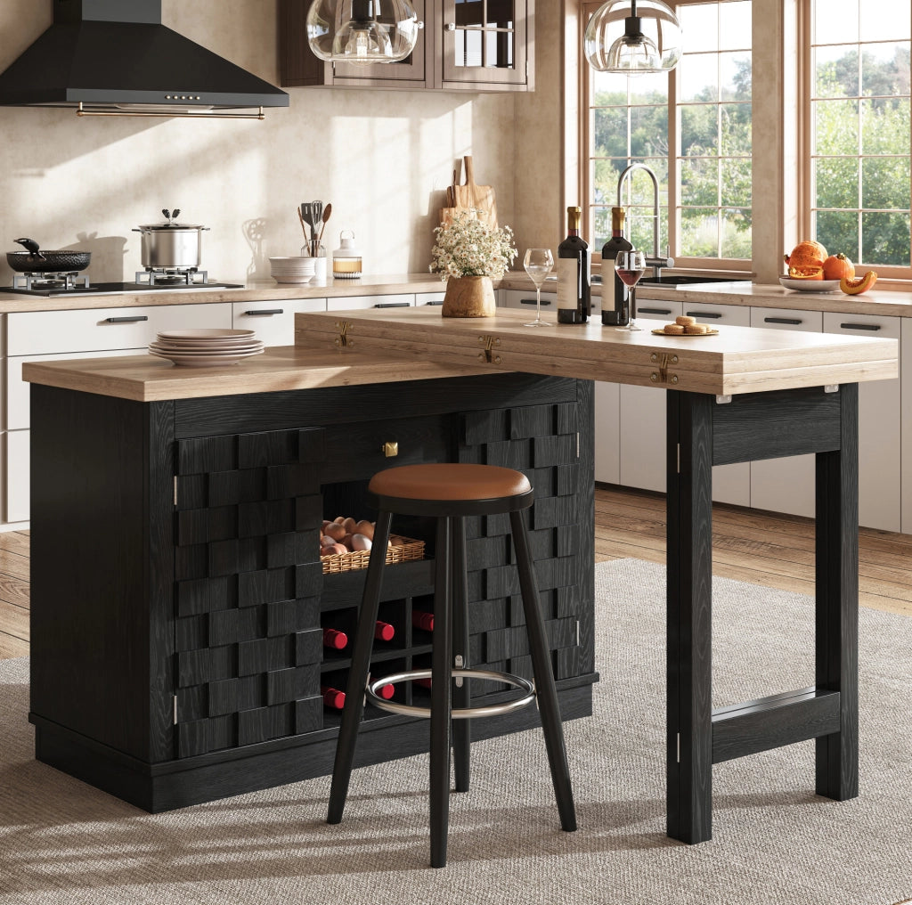 Isola cucina girevole 120-197 cm con tavolo estraibile, cassetto e portabottiglie nero HAVRYA
