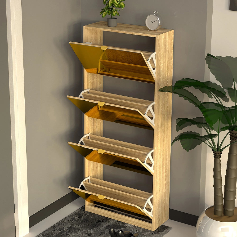 Scarpiera 4 Ante a Specchio Marrone Slim con Maniglia Salvaspazio 63x24x150cm