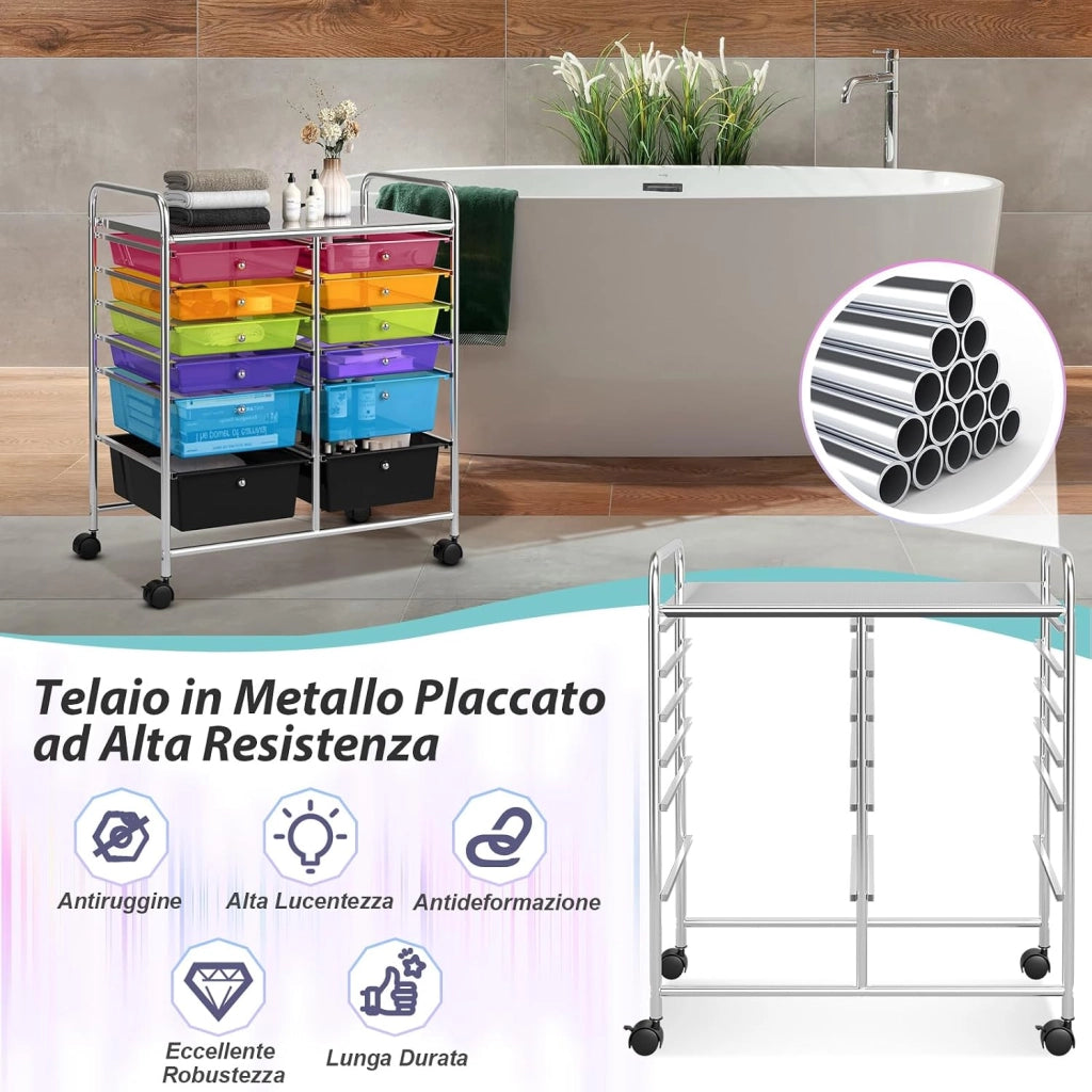 Carrello con 12 Cassetti con Ruote, Carrello di Stoccaggio Multiuso con Ampio Spazio di Archiviazione, Ideale per Casa Ufficio Domestico, 73,5 x 37 x 63 cm (Colorato trasparente)