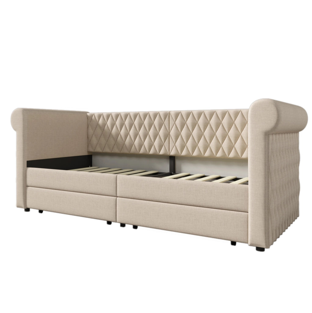 Letto singolo daybed 90x200 cm in lino beige con 2 cassetti e testiera vintage