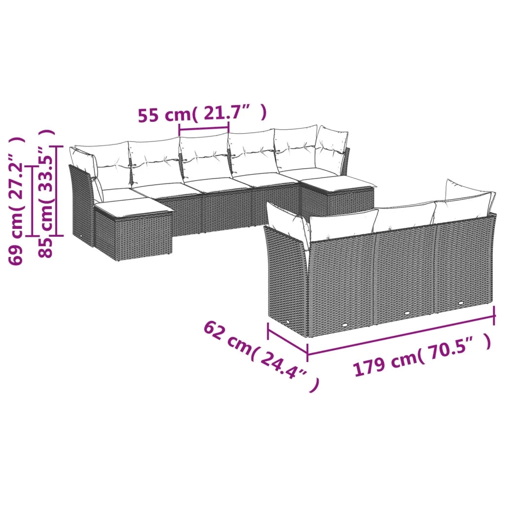 Set Divani da Giardino 10pz con Cuscini in Polyrattan Nero 3250165