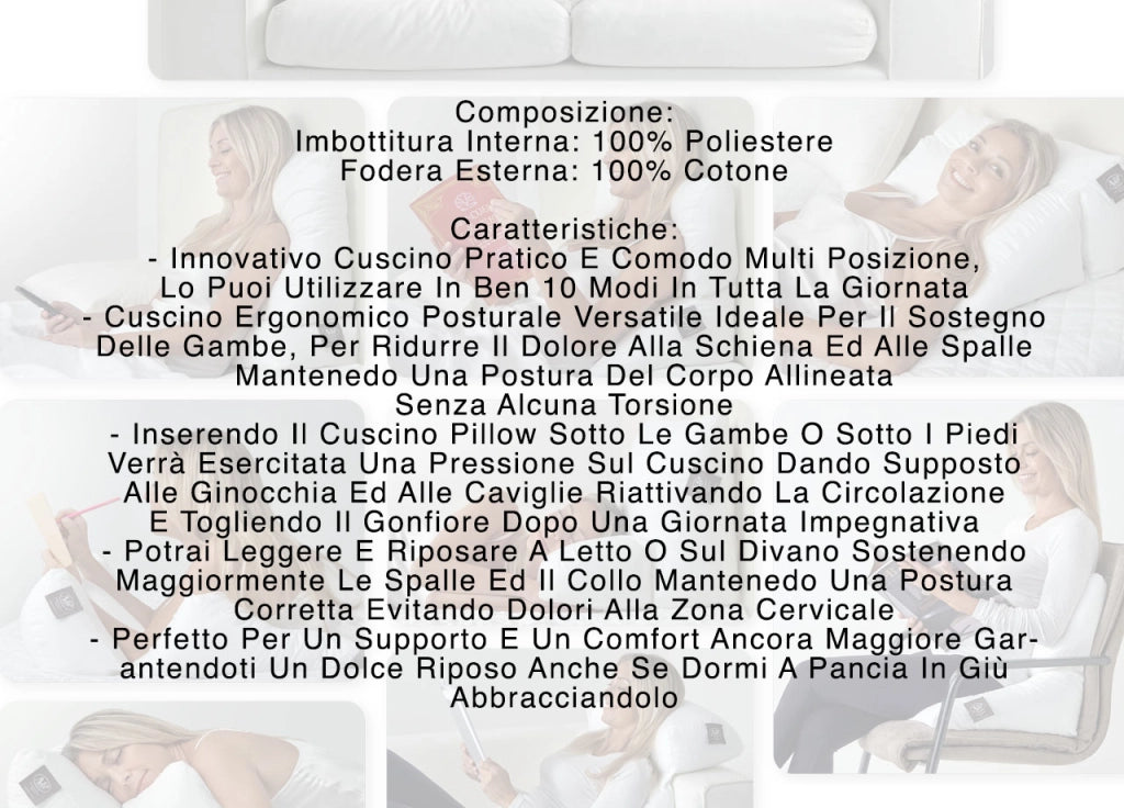Cuscino Ergonomico Posturale Decapillow 10 Usi 1 Cuscino Multi Posizione Sostegno Gambe Spalle - Cuscino Con Federa - Bianco
