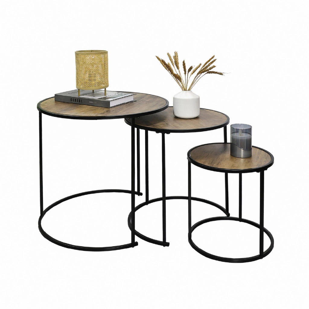 Set 3 Tavolini da Salotto Rotondi Impilabili, Tavolini Bassi Salvaspazio con Piano Effetto Legno Marrone e Struttura in Metallo Nero, Design Moderno Industriale