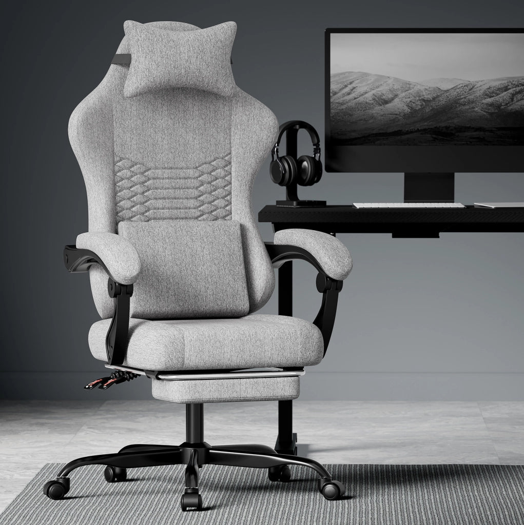 Sedia gaming ergonomica in tessuto con poggiatesta; supporto lombare e poggiapiedi; grigio chiaro