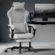 Sedia gaming ergonomica in tessuto con poggiatesta; supporto lombare e poggiapiedi; grigio chiaro