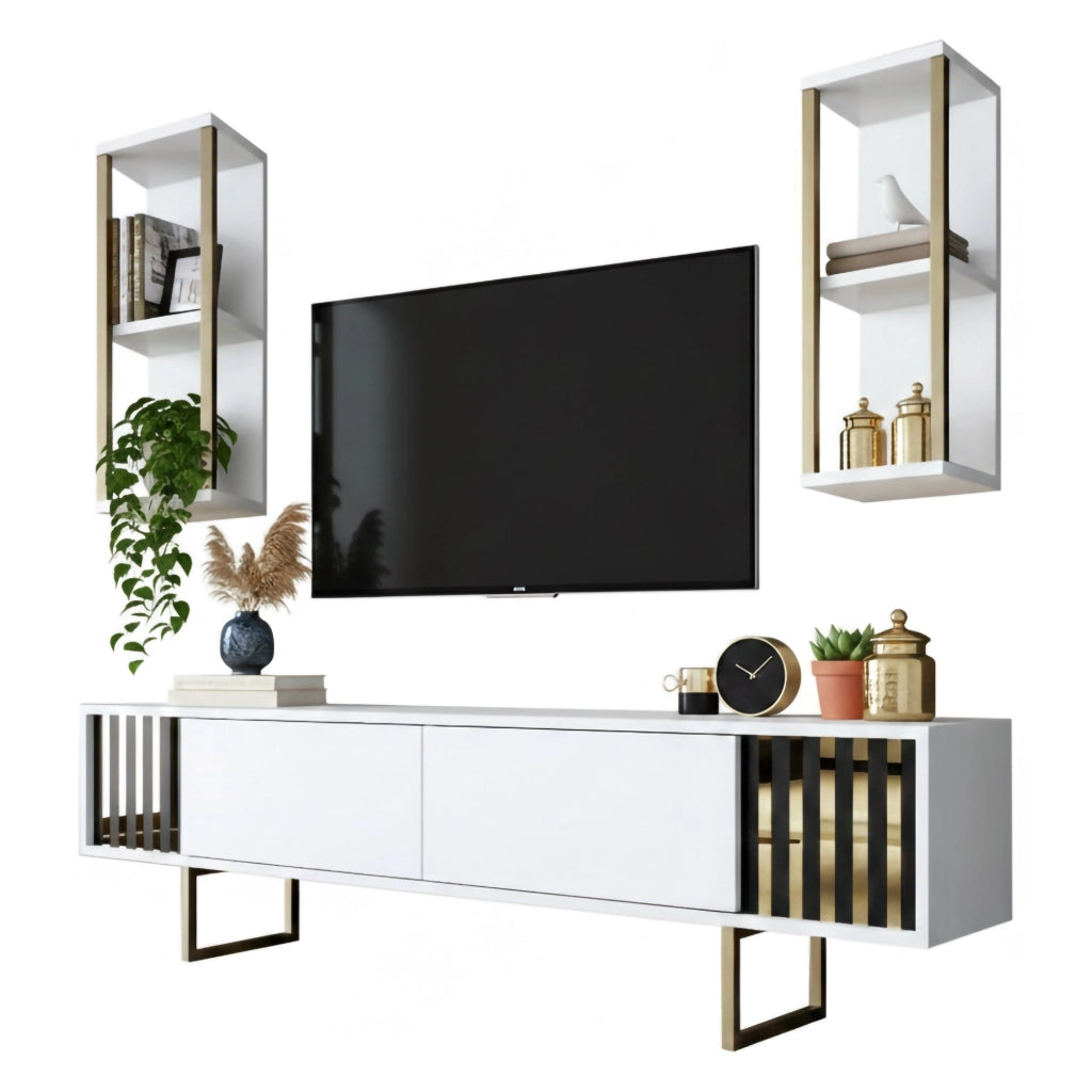 Mobile porta TV Artinay, Credenza da soggiorno, Armadio basso per TV, Base parete attrezzata, 180x30h48 cm, Bianco e Oro
