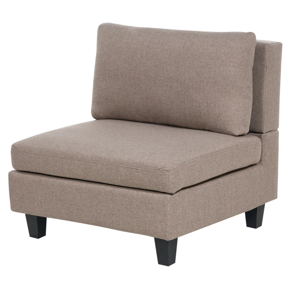 Divano componibile a 5 posti imbottito lato destro in tessuto marrone con gambe nere e pouf stile moderno